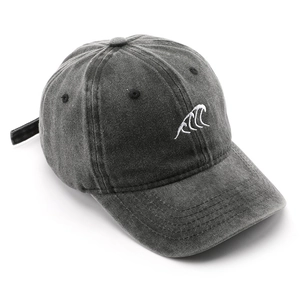 Vintage dark grey washed cotton baseball cap with white wave embroidery for sun protection