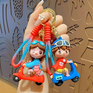 Cute Cartoon Scooter Boy Girl Keychain PVC Soft Glue Doll Bag Pendant Alloy Key Ring For Couples Friends Gift Accessories