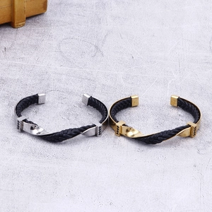 Bracciale da uomo in pelle intrecciata e acciaio inossidabile con zirconi neri oro e argento