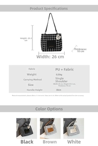 Detailed size chart for the houndstooth tote bag showing dimensions 26x25.5x10 cm