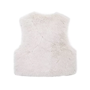 Rear view of a fluffy faux fur vest in light grey featuring a cropped sleeveless design