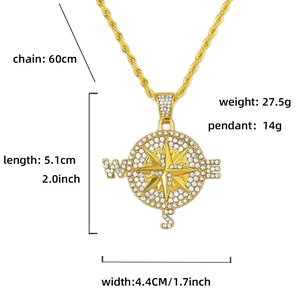 Spécifications du collier pendentif boussole hip hop montrant dimensions et poids en détail