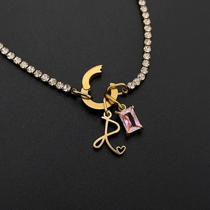 14K gold plated titanium steel necklace with R letter and pink stone
