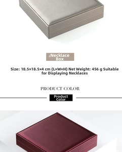 Macro detail of large square necklace boxes in silver and wine red satin finish
