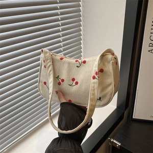 Borsa Sottobraccio in Velluto a Coste con Stampa Ciliegie Donna Retrò Dolce Borsa a Spalla in Tela Hobo Moda Coreana Casual Leggera