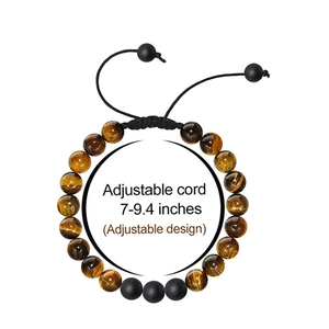 Adjustable tiger eye and matte black onyx beaded bracelet with woven cord for men