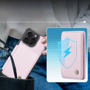Pink leather phone case detail showing RFID blocking card slot and security material