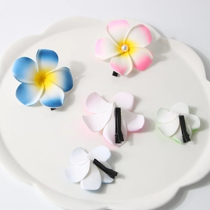 Tropical frangipani flower hair clips with pearls and metal duckbill clips for beach styling
