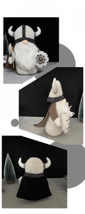 Three-sided view of Viking gnome plush featuring horn helmet, grey shield, and black cape