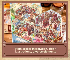 Detail of vintage 3D isometric interior stickers showing antique furniture and decor