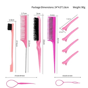 8-piece hair styling set including edge brush, rat tail comb, and clips for hair grooming