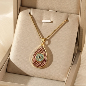 Stainless Steel Evil Eye Teardrop Pendant Necklace Red Zircon Micro Pave Box Chain Fashion Jewelry For Women