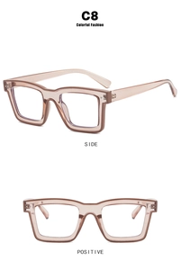 Detailed side and front view of square TR90 champagne transparent eyeglass frames