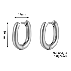 Detailed view of oval stainless steel hoop earrings with 20mm height and 17mm width