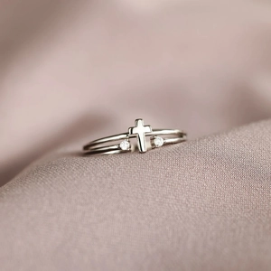 Adjustable S925 sterling silver cross ring with sparkling zircon stones for women