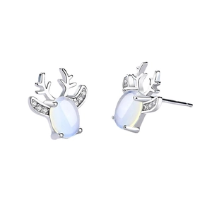 Exquisite silver reindeer antler stud earrings with opal stone and sparkling zircon accents