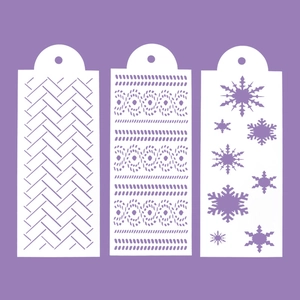 Three cake decorating stencils with herringbone, knit, and snowflake patterns on purple background