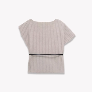Light gray ribbed knit short sleeve top with black belt and off-shoulder design