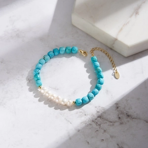 Handmade S925 sterling silver natural pearl and turquoise beaded bracelet with gold clasp