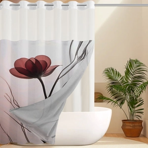 Detail of waterproof bathroom curtain featuring a large red floral print and metal rings