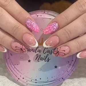 Press On Nails Almond Shape Pink Purple Gradient French Tips Butterfly Star Design Glitter Sweet Romantic For Women