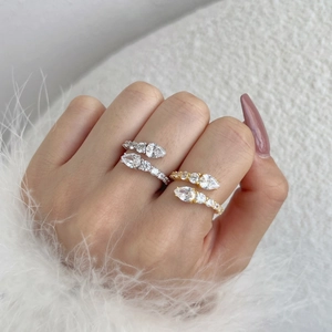 Bague ouverte élégante en argent S925 avec oxydes de zirconium poire en doré et argenté