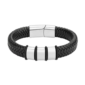 Geflochtenes schwarzes Lederarmband für Herren mit silbernen Ringen aus Edelstahl-Verschluss