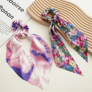 Tie-dye and floral long ribbon scrunchies set in soft chiffon for women ponytail