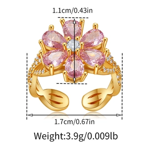 Macro shot showing dimensions and weight of the pink zircon flower ring with golden finish