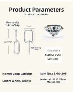 Macro view of S925 silver paperclip earrings with detailed moissanite stone specifications