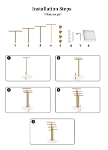 Five-step installation guide showing assembly of the gold 4-tier jewelry display organizer