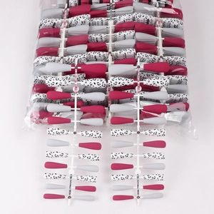 Faux ongles ballerine longs mats fuchsia et gris avec un motif léopard élégant