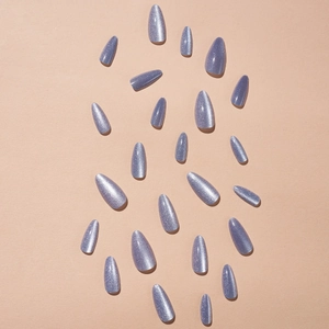 24pcs long almond purple cat eye press-on nails with sparkling pearl finish