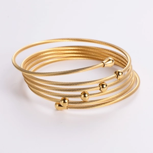 Minimalist 18k gold plated stainless steel multi-layer cable wire bracelet with bead ends