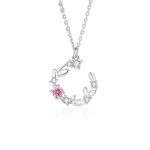 S925 sterling silver moon wreath necklace with pink zircon pendant on white background