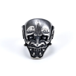 Vintage silver skull demon mask ring in stainless steel with detailed textures