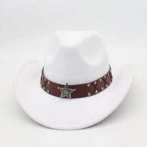 Western Cowboy Hat Vintage Wide Brim Felt Material With Star Badge Synthetic Leather Band Rivets For Men Women