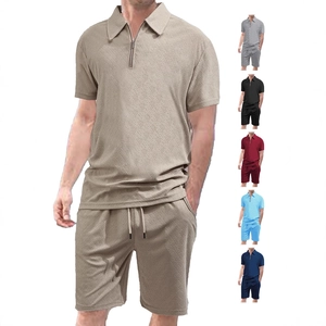 Men Casual Summer Textured Jacquard Polo Top And Shorts Half Zipper Lapel Breathable Sportswear Outfit