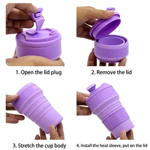 Foldable purple silicone travel cup showing 4-step expansion process on white background