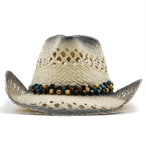 Chapeau de cow-boy rétro en paille avec perles colorées pour plage et protection solaire