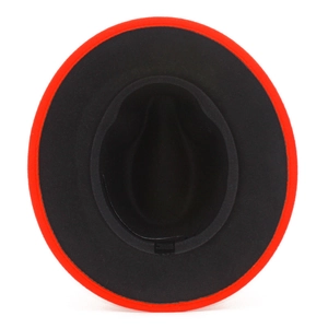 Top view of two-tone fedora hat showing red exterior and black interior lining details