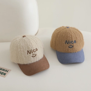 Plush winter baseball cap for kids featuring embroidery smiley face and Nice lettering