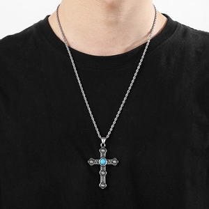 Titanium steel cross necklace with inlaid blue turquoise on a twist chain for street style
