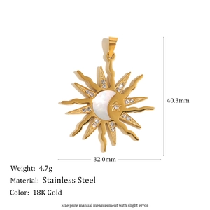 Detail view of 18K gold-plated stainless steel sun and moon pendant with size dimensions