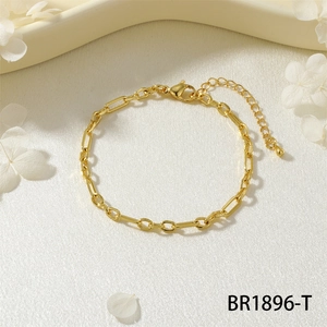 Dettaglio di un bracciale a maglia paperclip dorata con chiusura a moschettone regolabile