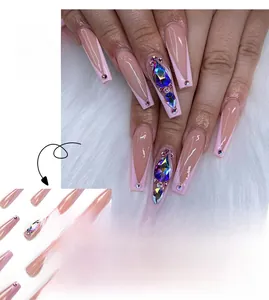 Pink French long coffin press-on nails with luxury rhinestones and pearl accents