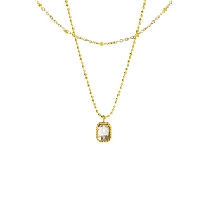Vintage double layer stainless steel necklace with rectangular emerald green zircon pendant