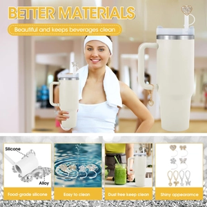 Detail of food-grade silicone straw covers and alloy heart charms for tumblers