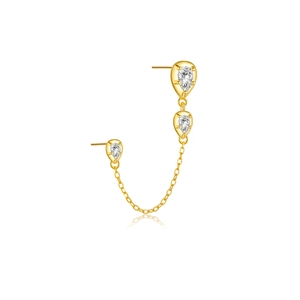 Elegant gold S925 sterling silver drop stud earrings with connecting chain link