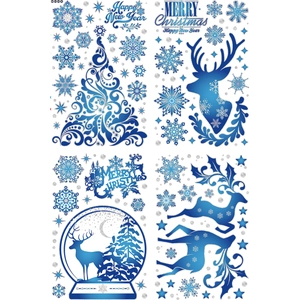 Blue and silver Christmas window stickers featuring reindeer and snowflake designs